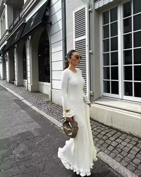 Elegante vestido de malha de manga comprida feminino, gola redonda, vestes finas brancas, vestidos de festa femininos, moda feminina, verão, outono, novo, 2022
