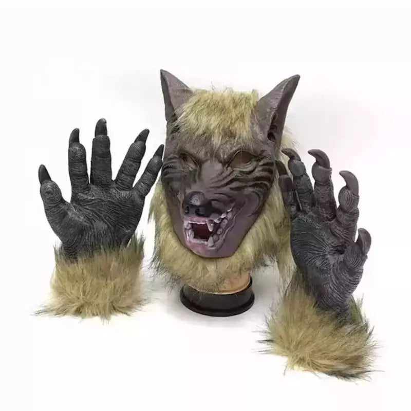 Horror lobisomem trajes halloween cosplay máscara de lobo lobisomem garras conjunto luvas terror role play brincadeira adereços assustador lobo chapelaria