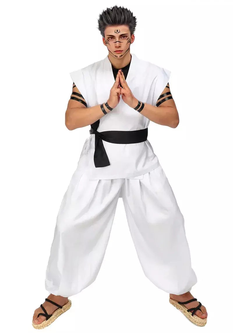 Dazcos ryomen sukuna traje branco kung fu terno com adesivos de tatuagem ryomen sukuna como megumi showdown cosplay traje conjunto completo