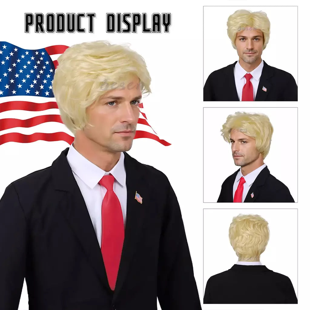 Peruca loira sintética para adultos com adesivos engraçados, peruca masculina em camadas resistente ao calor, pessoas famosas, cosplay