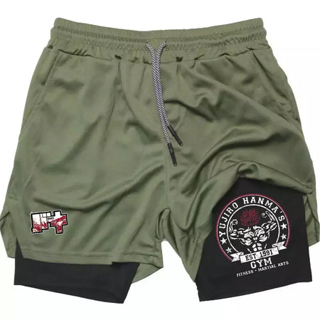 Masculino Anime 2 em 1 Calções Esportivos, Calções de Compressão Atlético Calças de Treino Fitness Running Sportwear, Desempenho Ginásio