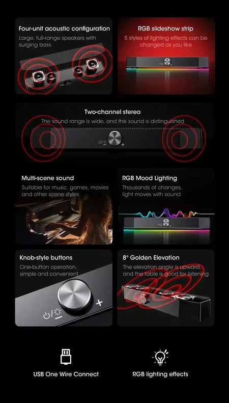 Barra de som sem fio Bluetooth 4D Surround RGB Luzes, subwoofer de graves profundos para laptop de jogos de PC de home theater, alto-falante multiroom 120W