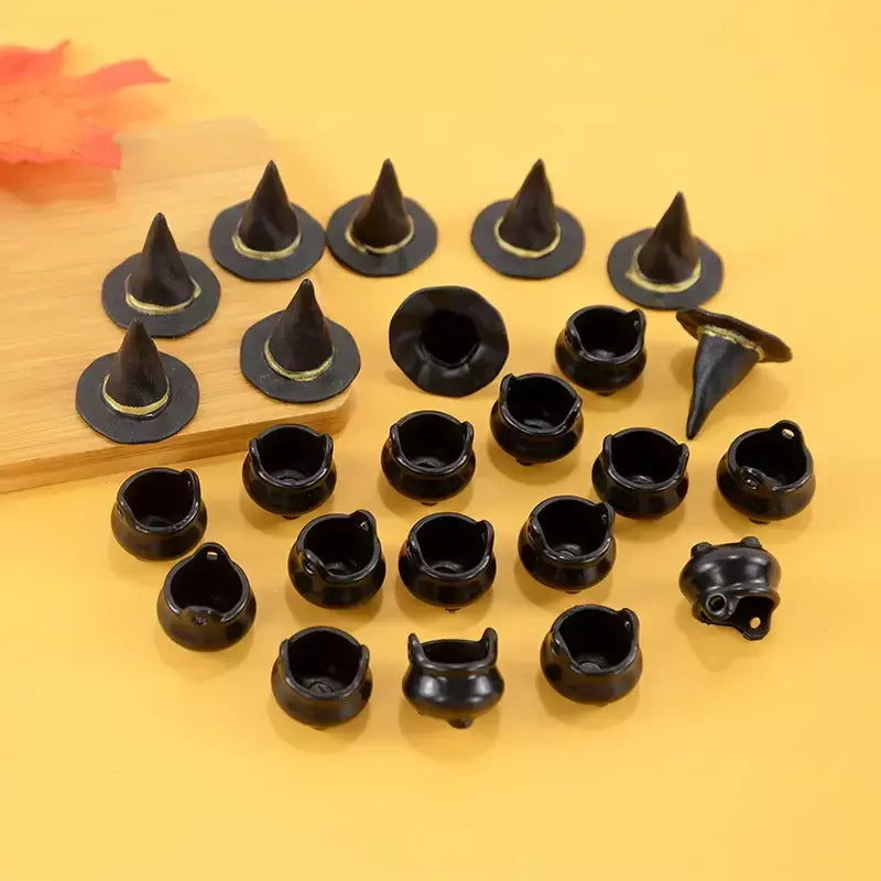10 pçs halloween bruxa chapéu decorações chapéus em miniatura caldeirão potes chaleira ornamento festa de halloween decoração para casa diy artesanato