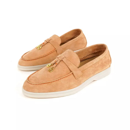 Sapatos de mula de camurça antiderrapante para mulheres, sapatos para dirigir, pingente de metal, marca de luxo, moda casual confortável, Le Fu