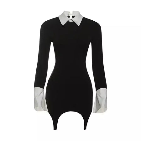 Retro vestido fino outono inverno moda cor bloqueando sexy elegante vestidos de noite manga longa lapela cintura alta roupas femininas