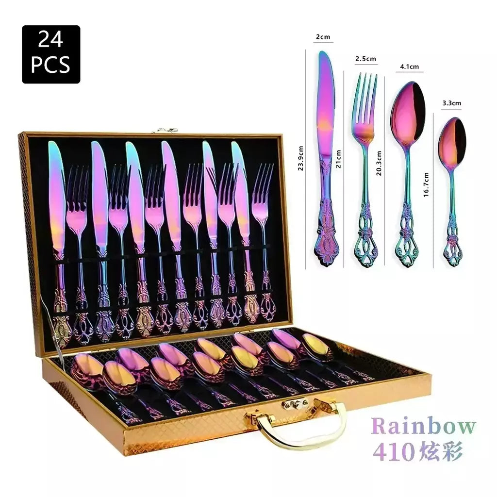 Conjunto de talheres de aço inoxidável dourado, colher europeia real, garfo, talheres completos, design retrô, seguro para máquina de lavar louça, talheres elegantes