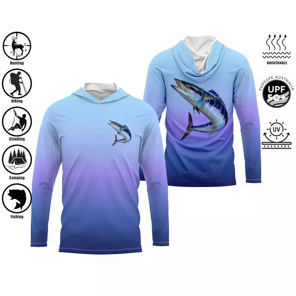 Camisa de pesca com capuz, camisa de pesca com capuz, proteção uv, padrão de moda ao ar livre, estampa de umidade, homem, vestuário de pesca