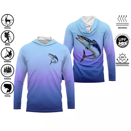Camisa de pesca com capuz, camisa de pesca com capuz, proteção uv, padrão de moda ao ar livre, estampa de umidade, homem, vestuário de pesca