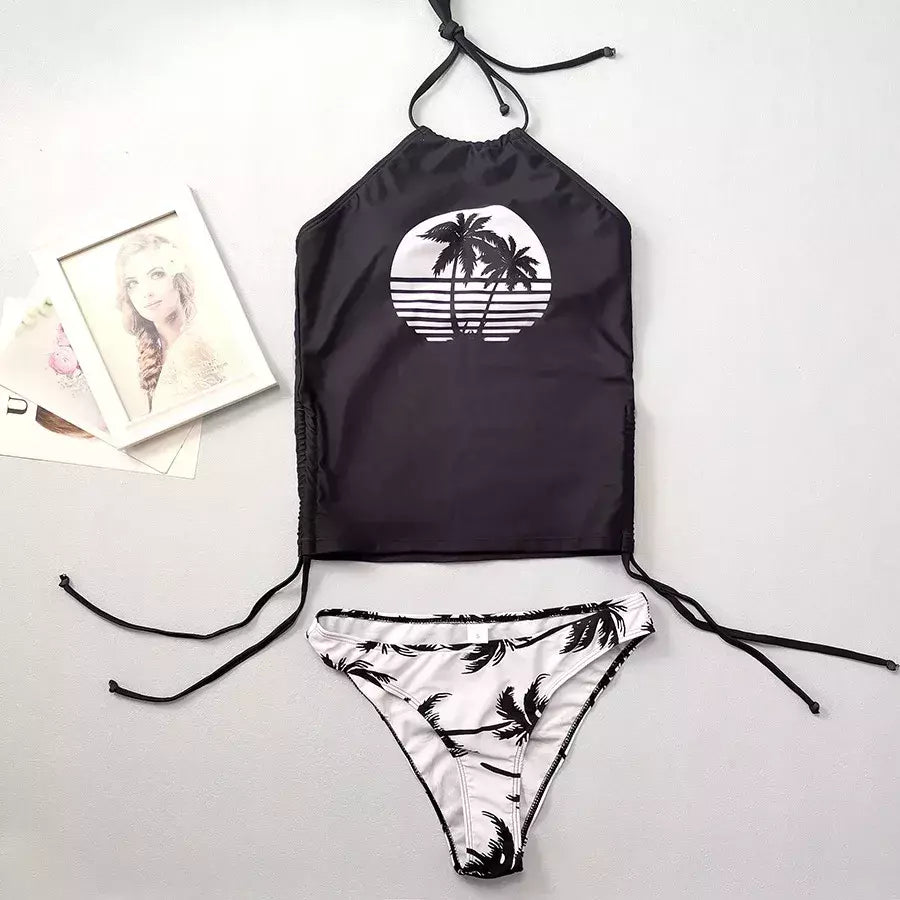 Conjunto de tankini amarrado monocromático feminino, maiô halter, maiô sexy, maiô de praia sem costas, biquíni verão, 2024