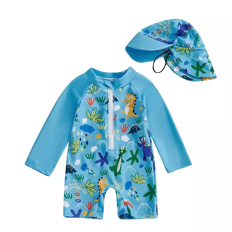 Maiô infantil de 0 a 5 anos, roupa de banho com estampa de tubarão, manga longa, meio zíper, com chapéu de sol, 2 peças, roupa de banho para crianças pequenas