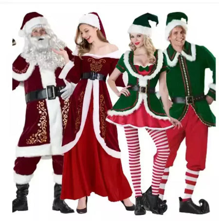 Traje de papai noel feminino masculino vestido de elfo de natal unissex roupa de festa adulto terno de natal desempenho de palco festivo role play wear