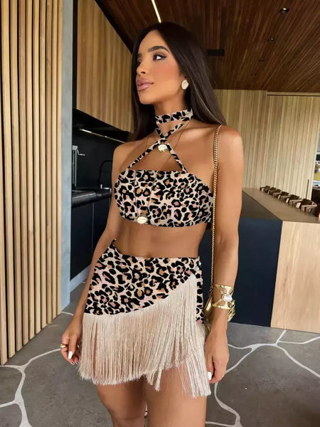 Conjunto sexy de biquíni feminino, sutiã de renda, mini saia, férias de praia, fato de banho feminino casual, 2 peças, verão