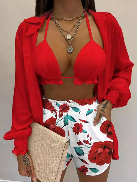 Fato de banho feminino de três peças, moda praia sexy, biquíni de cintura alta, maiô estampado, shorts para cobrir, moda praia de verão, novo 2024