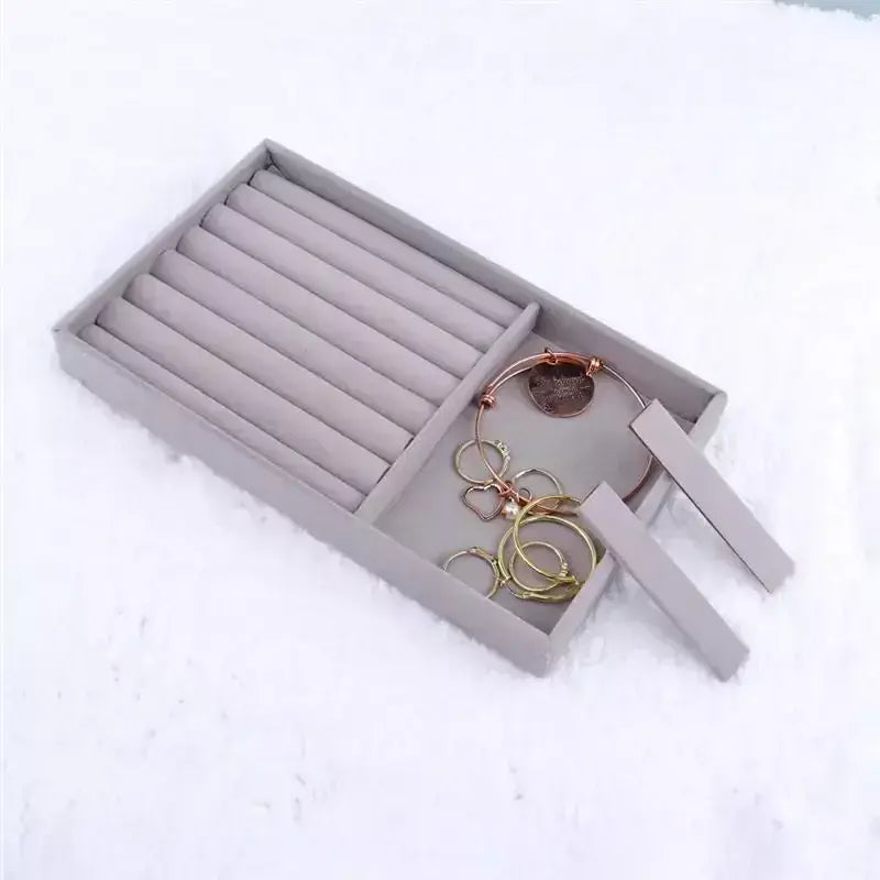 Atualizar caixa de armazenamento de jóias de veludo colar empilhável bandeja de exibição pulseira brinco organizadores diy artesanato gaveta caixa cinza