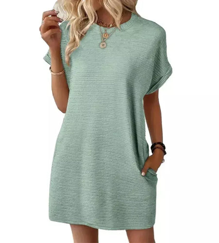2026 robe femmes soiree manga curta em torno do pescoço mini vestido de cor sólida das mulheres bolso novo solto escritório deslocamento versátil vestido