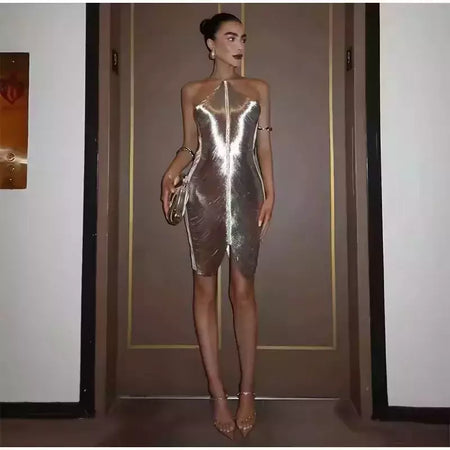 Mini vestido com decote em v para mulheres, Halterneck, Cortar o vestido curto, Decoração assimétrica com borla, Vestidos Patchwork, Moda elegante