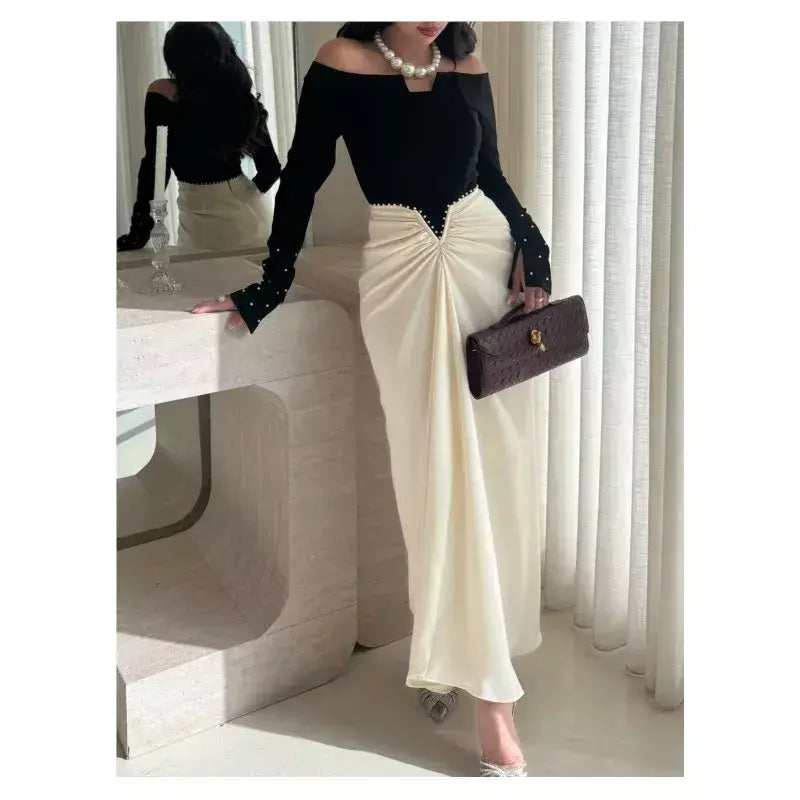 Temperamento vestido vestidos 2025 mulher vestido banquete contraste pérola retalhos pacote hip manga longa magro uma linha pescoço elegante