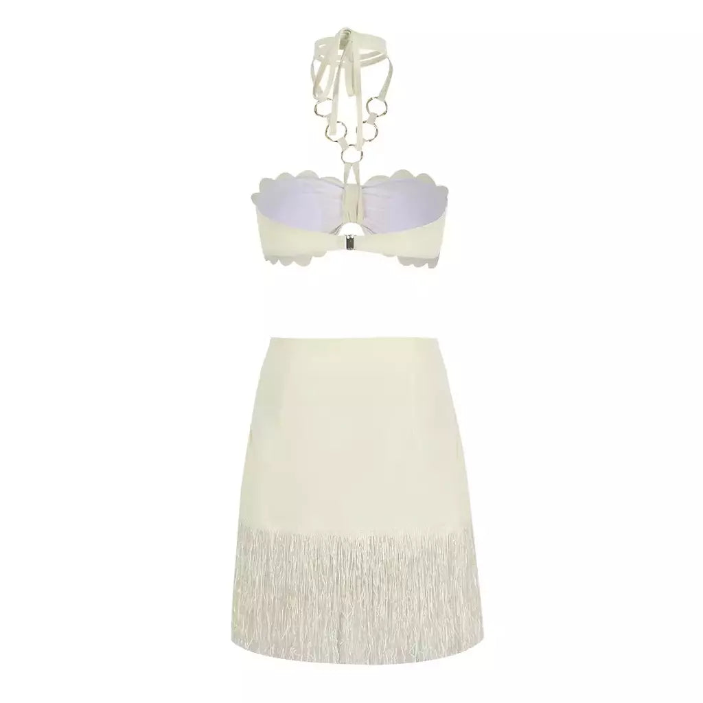 Conjunto sexy de biquíni feminino, sutiã de renda, mini saia, férias de praia, fato de banho feminino casual, 2 peças, verão