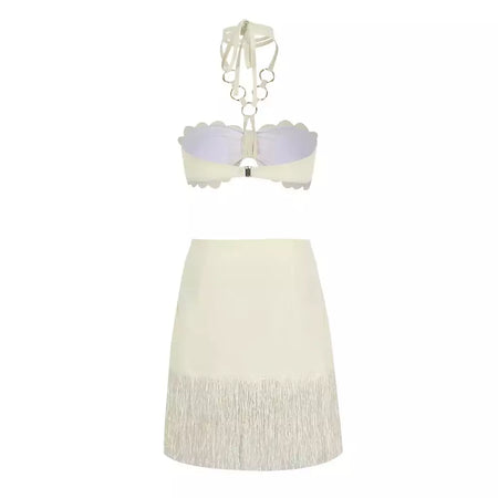 Conjunto sexy de biquíni feminino, sutiã de renda, mini saia, férias de praia, fato de banho feminino casual, 2 peças, verão