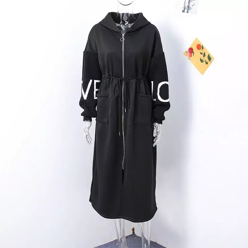 Casual longo retalhos casacos de malha feminino casual hoodies rendas até bolsos jaquetas femininas 2024 outono inverno nova senhora outerwears
