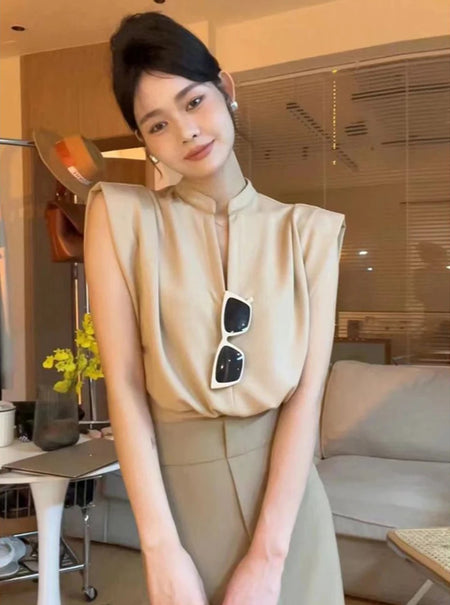 MEXZT-Blusas elegantes sem mangas com decote em v para mulheres, senhora do escritório, casual preto coreano, todos os jogos chiques, verão, branco, novo