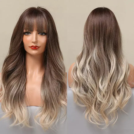 Louis ferre longo ombre loira perucas sintéticas com franja para mulheres onda natural penteado fibra resistente ao calor cosplay perucas marrons