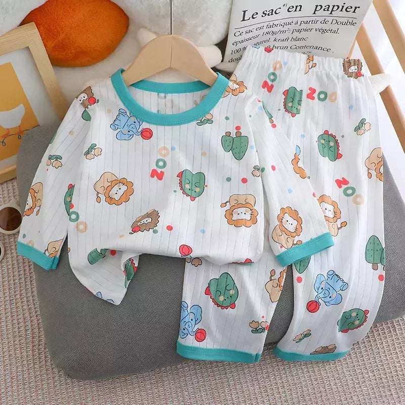 Pijama de algodão puro para meninos e meninas, camiseta fina de manga comprida, tops e calças lindos desenhos animados, conjuntos de roupas infantis, verão, novo, 2022