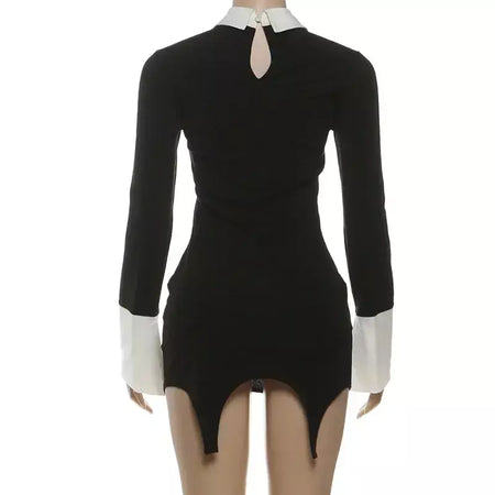 Retro vestido fino outono inverno moda cor bloqueando sexy elegante vestidos de noite manga longa lapela cintura alta roupas femininas