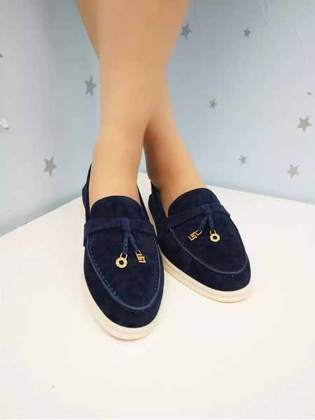Sapatos de mula de camurça antiderrapante para mulheres, sapatos para dirigir, pingente de metal, marca de luxo, moda casual confortável, Le Fu