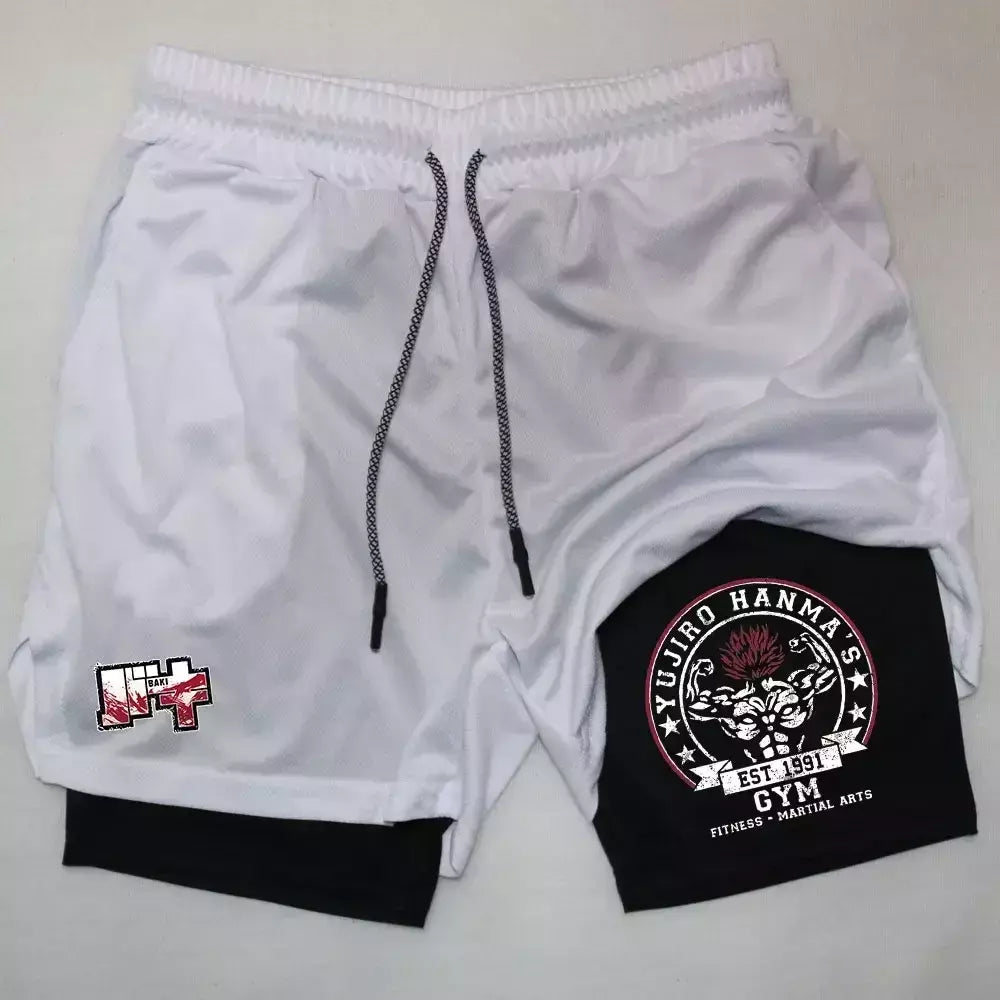 Masculino Anime 2 em 1 Calções Esportivos, Calções de Compressão Atlético Calças de Treino Fitness Running Sportwear, Desempenho Ginásio