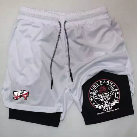 Masculino Anime 2 em 1 Calções Esportivos, Calções de Compressão Atlético Calças de Treino Fitness Running Sportwear, Desempenho Ginásio