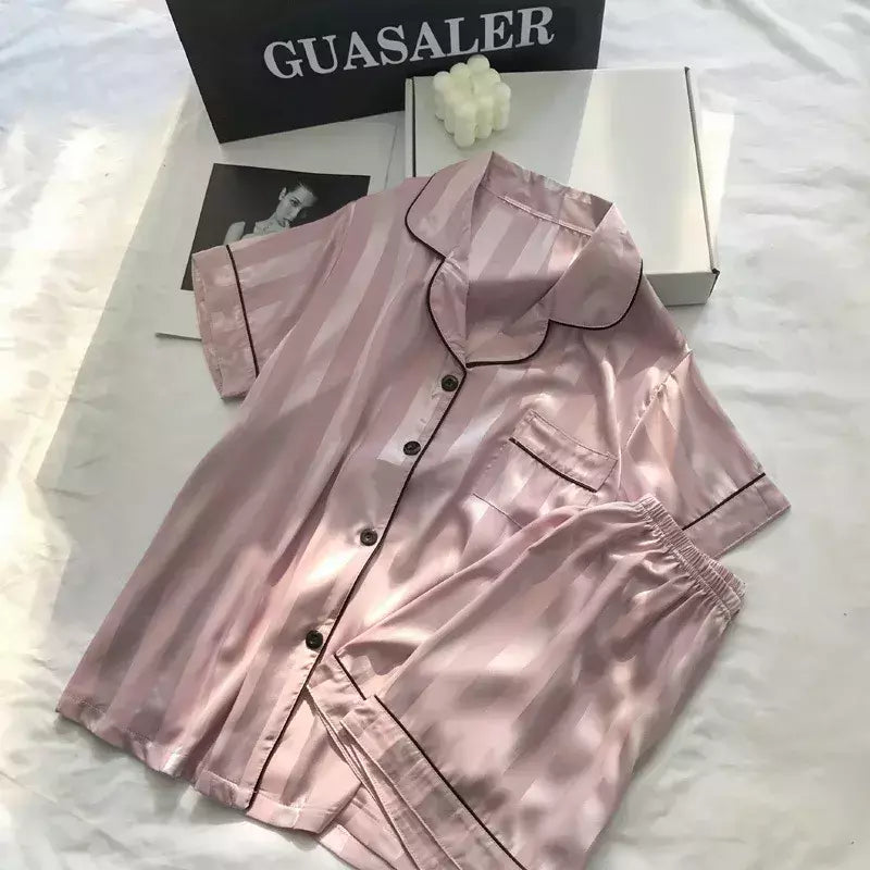 Pijama feminino de seda gelo, manga curta, calça curta, seda de simulação, roupa doméstica, cor sólida, listrado, estudante, conjunto 2 peças, S, L