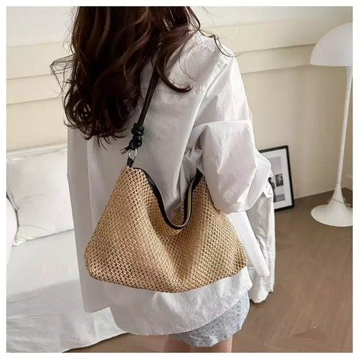 Saco de palha tecido Rattan para senhoras, sacola de grande capacidade, bolsa trançada artesanal, bolsa de ombro, moda