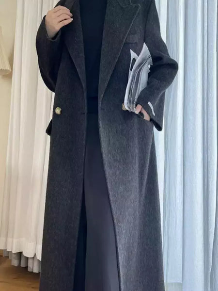 Casaco de alpaca de lã feminino, jaquetas de lã, trespassado duplo, gola de terno, solto, Casacos longos, senhora do escritório, outono, inverno, 2022