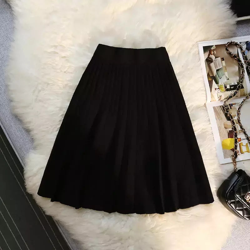 Míni saia plissada de malha feminina, cintura alta elástica, saia guarda-chuva linha A, casual sexy, curta, outono, inverno