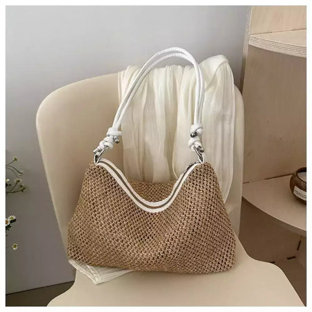 Saco de palha tecido Rattan para senhoras, sacola de grande capacidade, bolsa trançada artesanal, bolsa de ombro, moda