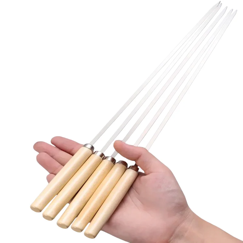 5/10 peças espetos de churrasco anti-escaldante com cabo de madeira podem ser reutilizados 304 espetos de churrasco de metal de aço inoxidável espetos largos