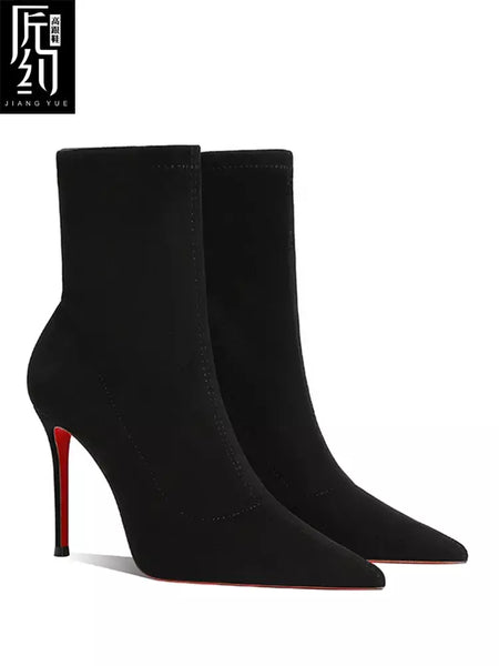 Botas de tornozelo femininas de inverno vermelho brilhante bottoms meias de malha botas outono 2025 nova moda botas de estiramento sexy feminino salto alto fem