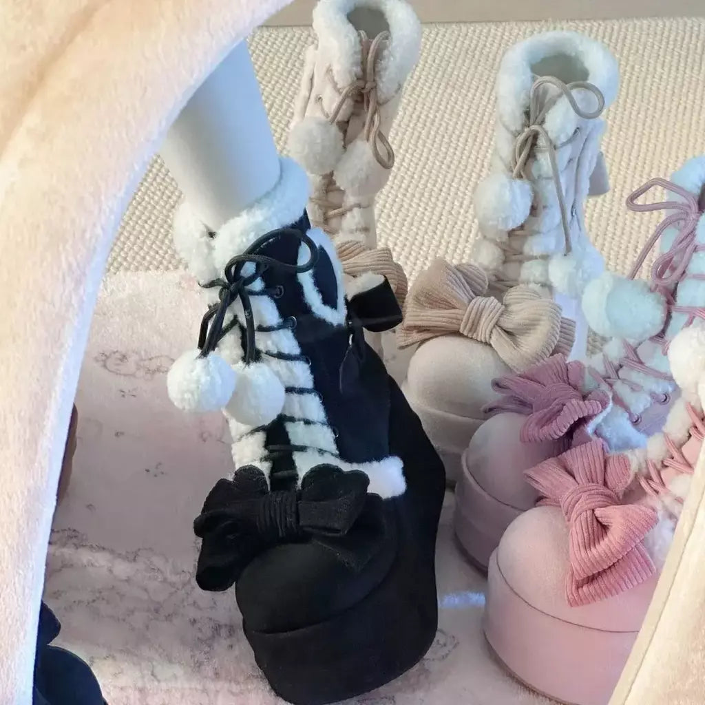 Doce inverno meninas lolita meados de bezerro botas de neve, bonito estudantes do sexo feminino pelúcia quente bowknots rendas até sapatos de salto cunha aumentando