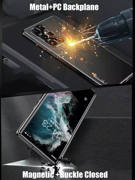 Moldura de alumínio com fecho magnético, capa traseira de plástico de metal para samsung galaxy s25 ultra s24 ultra s23 s22 s21, capa forte à prova de queda