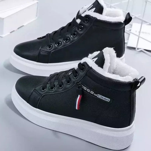 Botas de pelúcia quente PU para mulheres, sapatos de inverno, apartamentos, rendas, botas de neve curtas, senhoras, 2022