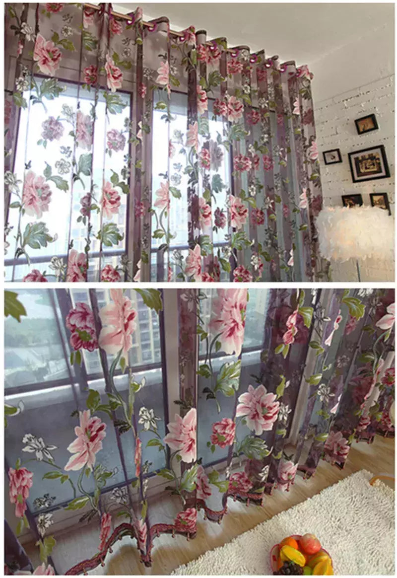 Tule Floral em Cortinas Puras, Tratamento Janela, Painel Persianas, Sala de estar, Quarto, Cozinha, Sombra, Roxo, Peônia