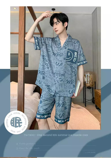 Pijama de seda gelo de duas peças masculino, shorts de manga curta, seção fina, estudante, terno homewear adolescente, verão, novo
