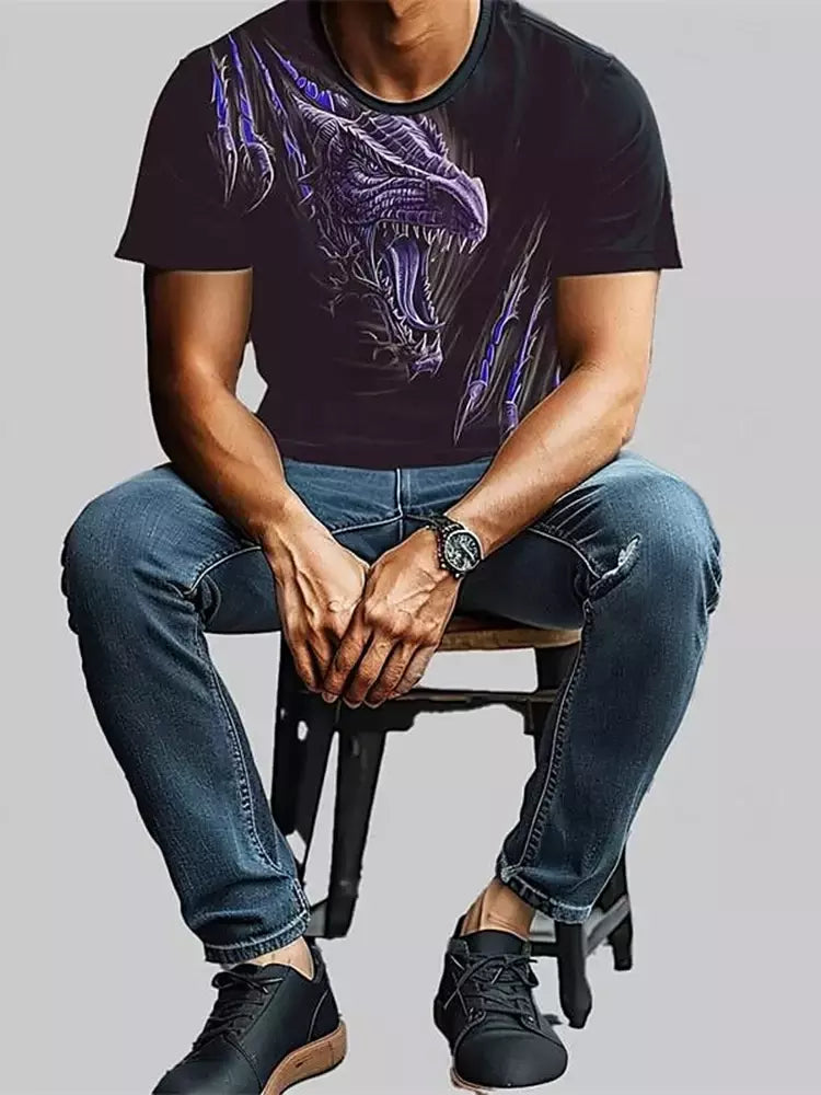Camiseta de manga curta com estampa Dragão 3D masculina, camiseta casual diária de rua, esportes ao ar livre, moda urbana, verão