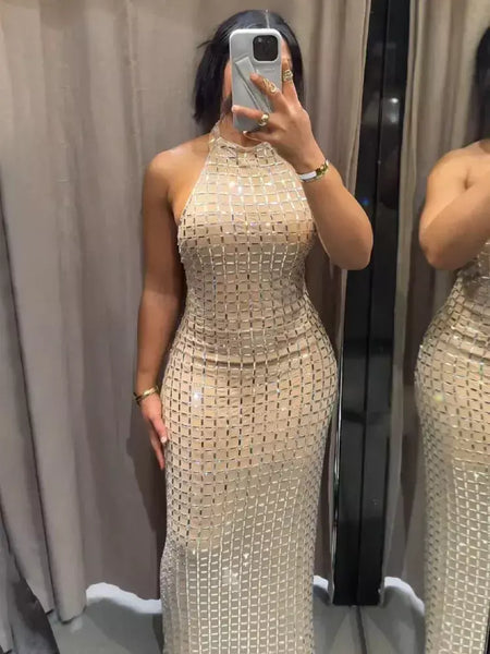 Mulheres verão vestido longo moda magro sólido sem mangas sem costas decoração halter pescoço vestido elegante sexy festa vestido de noite ?