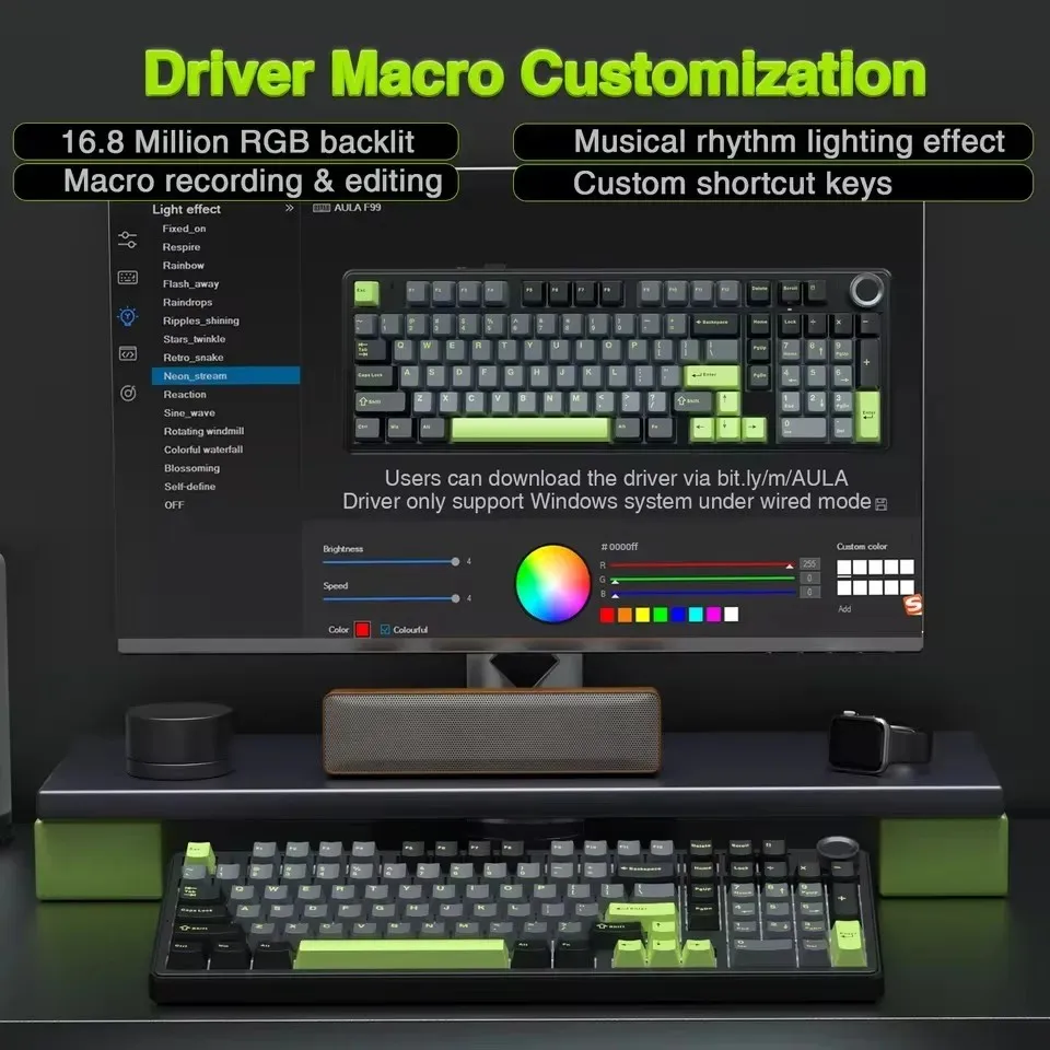 Teclado mecânico para jogos AULA F99PRO, 99 teclas, três modos, sem fio, estrutura de junta permutável, teclado personalizado com botão de mídia
