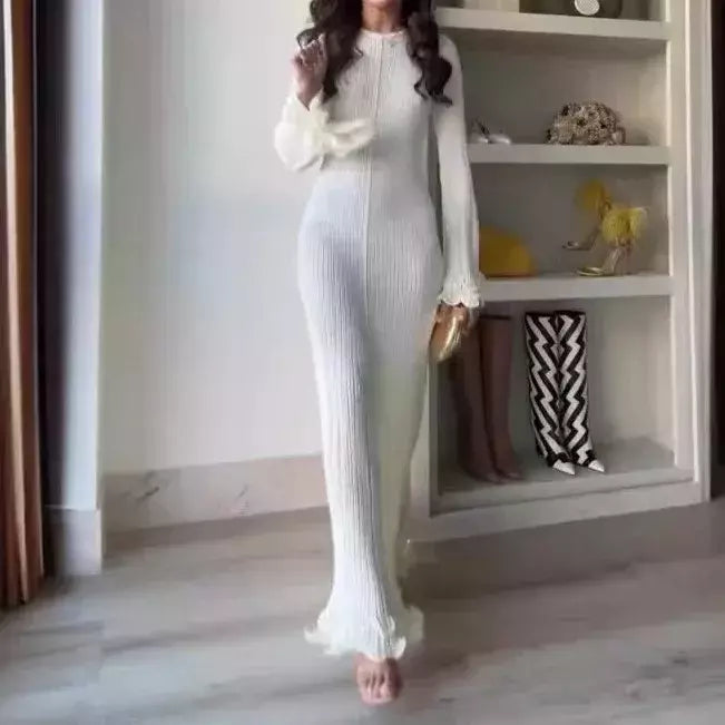 Elegante vestido de malha de manga comprida feminino, gola redonda, vestes finas brancas, vestidos de festa femininos, moda feminina, verão, outono, novo, 2022