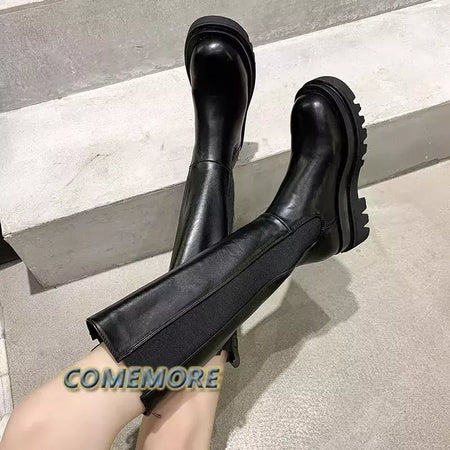 Botas pretas compridas de couro PU femininas, botas com zíper plataforma, antiderrapantes, altura do joelho, designer de luxo, casual, primavera, outono, moda