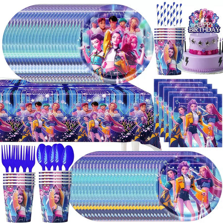 Conjunto de talheres para decoração de festa de aniversário, caçadores de demônios, copo, prato, guardanapo, banner, balão, meninas, coreano, kpop, anime, suprimentos de festa, decoração