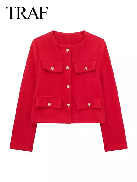 TRAF-Casaco Cropped feminino com botão dourado, blazer bomber, streetwear chique, blusa de casacos femininos, moda primavera, 2022